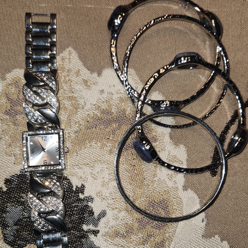 Silver Watch and Bangle Set